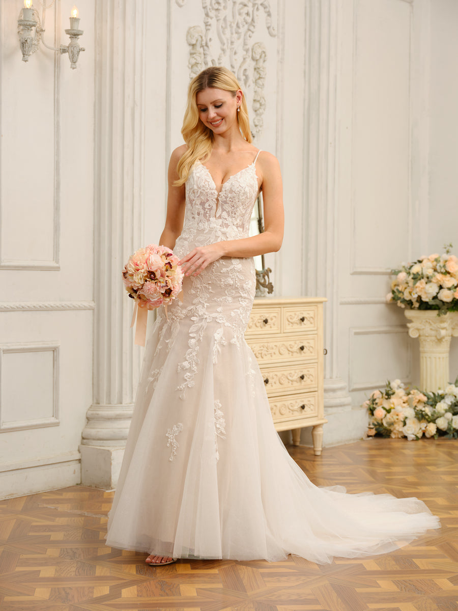 Weitese Trumpet/Mermaid Spaghetti Straps Sleeveless Long Wedding Dresses With Appliques