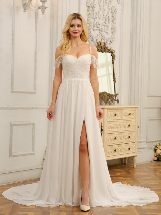 Weitese A-Line/Princess Off-The-Shoulder Long Wedding Dresses With Appliques & Split Side