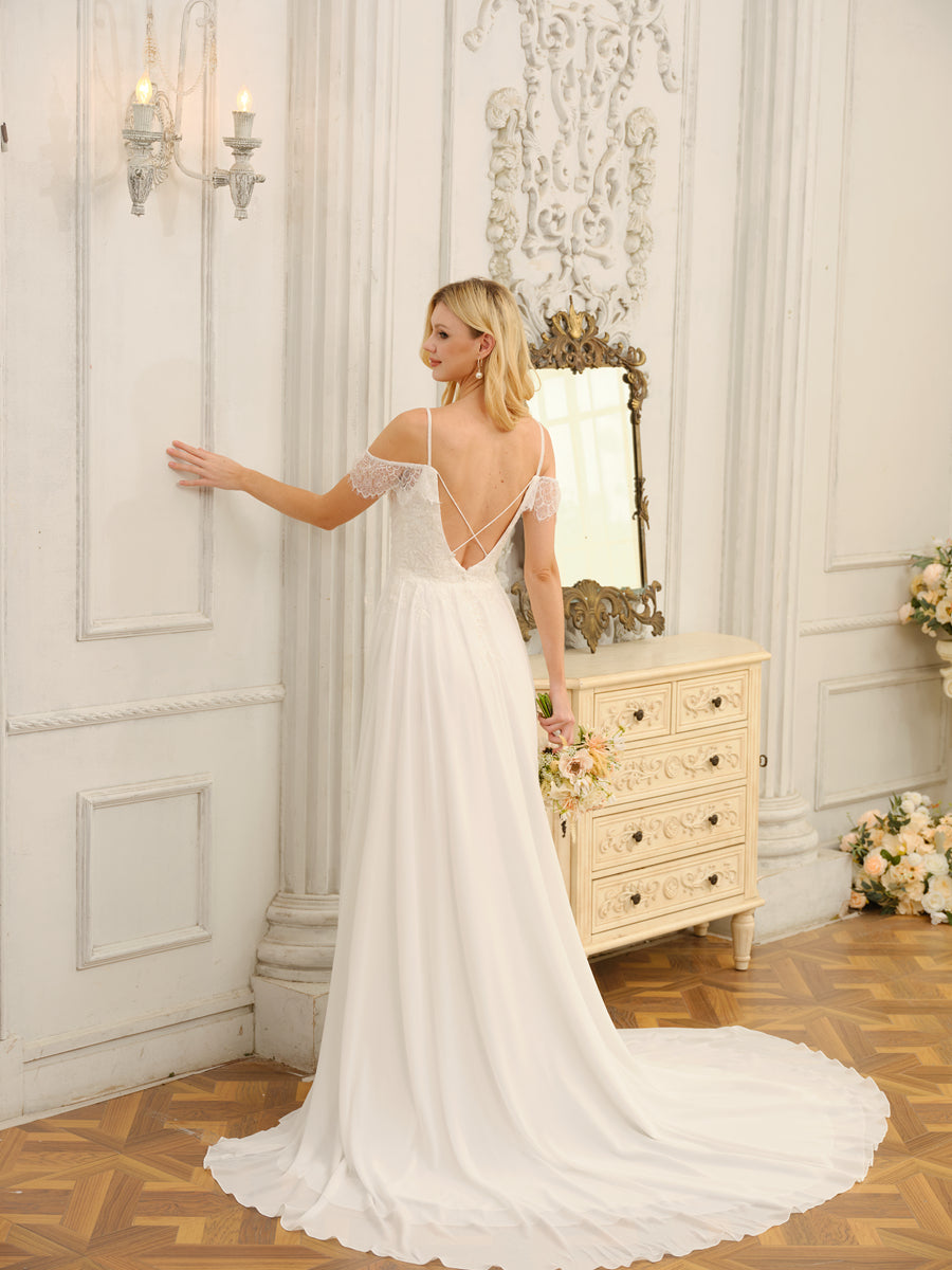 Weitese A-Line/Princess Off-The-Shoulder Long Wedding Dresses With Appliques & Split Side