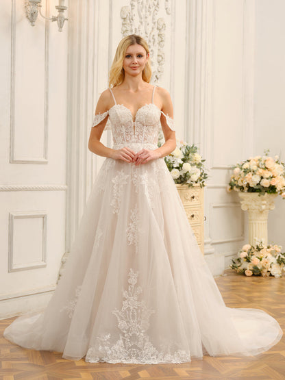 Weitese Off-The-Shoulder Sleeveless Long Tulle Wedding Dresses With Appliques