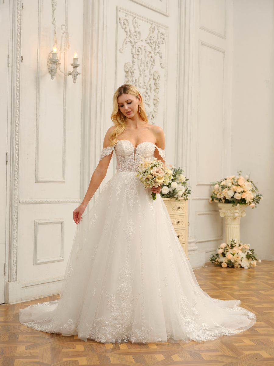 Weitese Off-The-Shoulder Sleeveless Long Tulle Wedding Dresses With Appliques