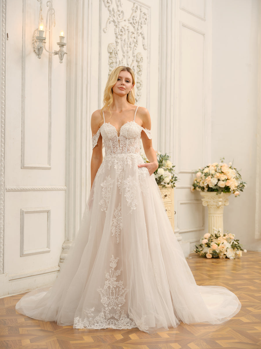 Weitese Off-The-Shoulder Sleeveless Long Tulle Wedding Dresses With Appliques