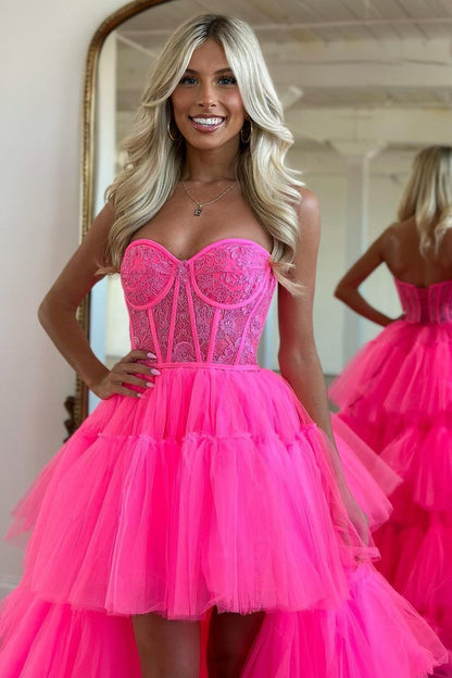 Weitese Cute Hot Pink High-Low Sweetheart Long Tulle Prom Party Dress