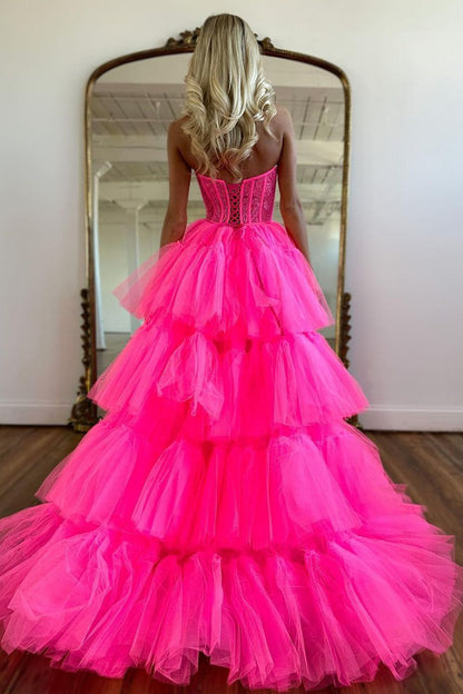 Weitese Cute Hot Pink High-Low Sweetheart Long Tulle Prom Party Dress