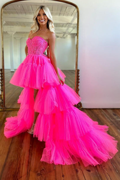 Weitese Cute Hot Pink High-Low Sweetheart Long Tulle Prom Party Dress