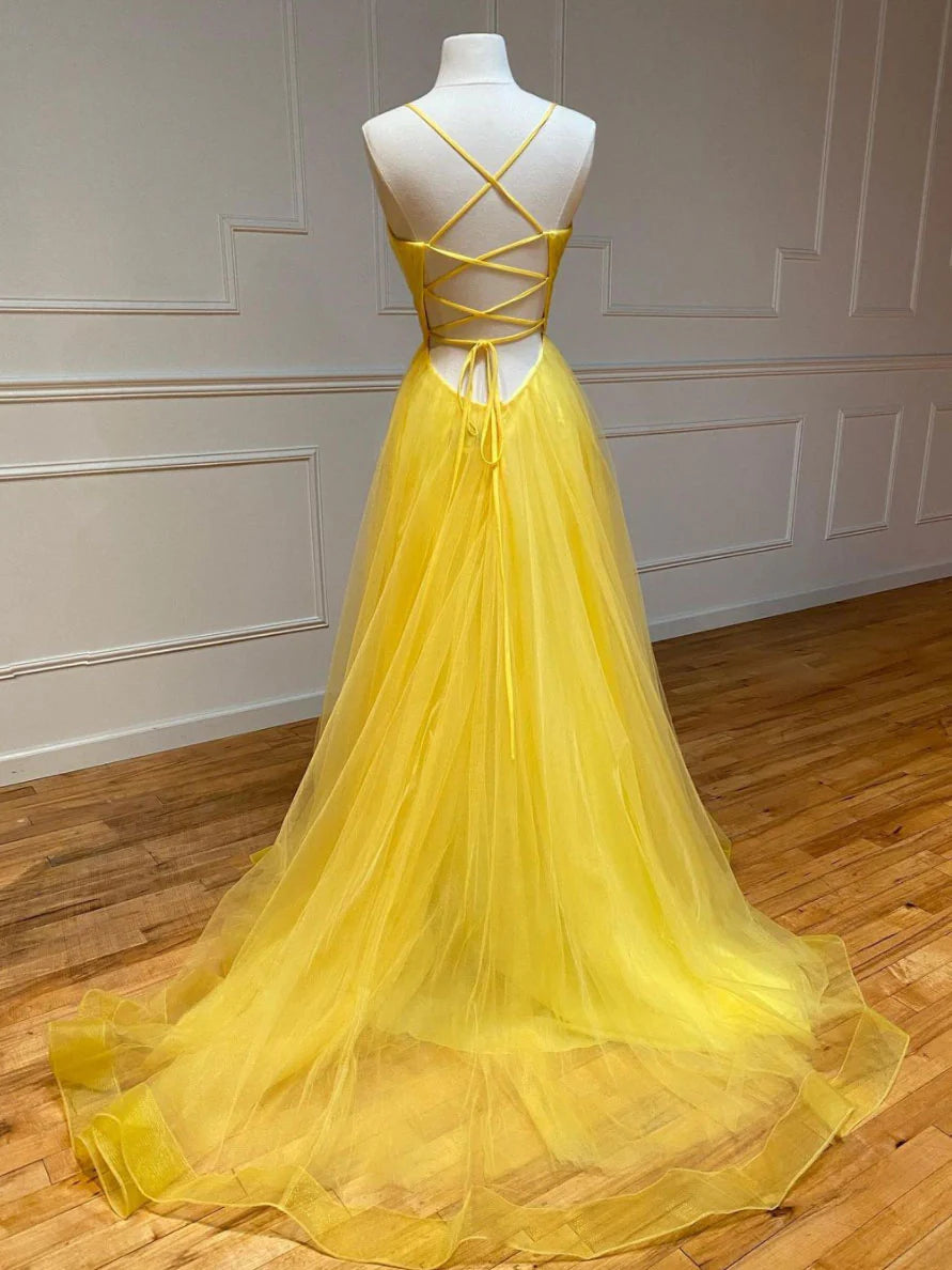 Yellow sweetheart tulle long Evening prom dress