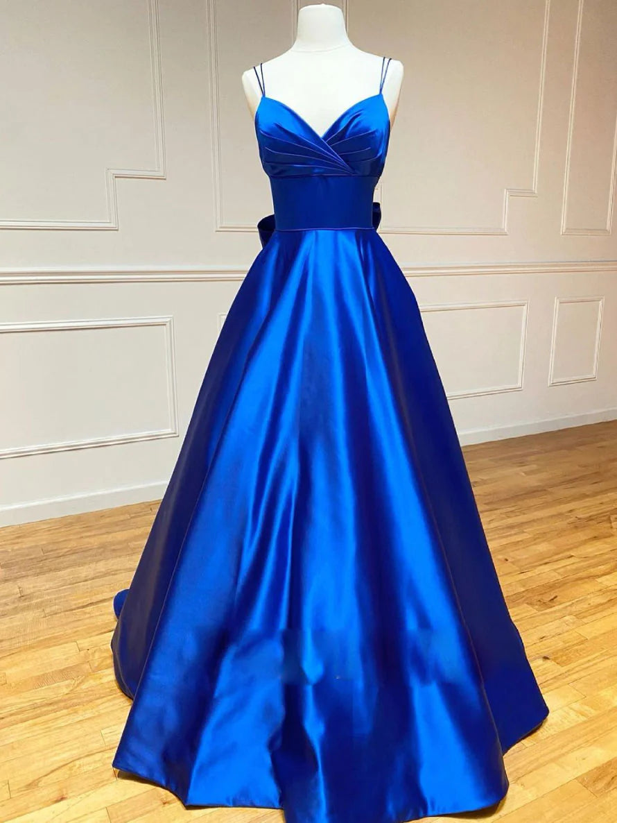 Spaghetti Straps Blue V Neck Satin Long Prom Dress With Train