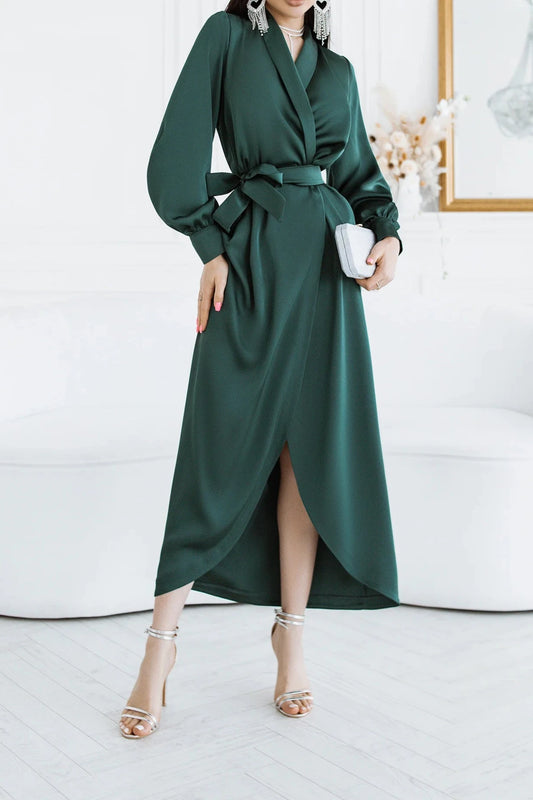 A-line Ankle Length V Neck Emerald Puff Long Sleeve Party Dress Prom Dress