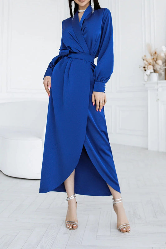 A-line Ankle Length V Neck Royal Blue Puff Long Sleeve Party Dress Prom Dress