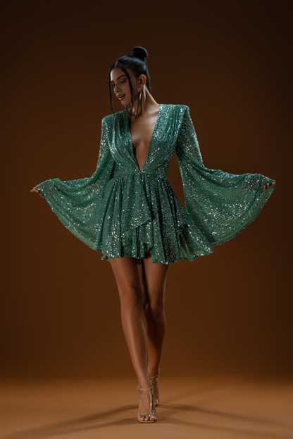 A-line Deep V Neck Gold Sequin Dress Long Sleeve Mini Reception Dress Green Cocktail Dress Long Sleeve Prom Party Dress