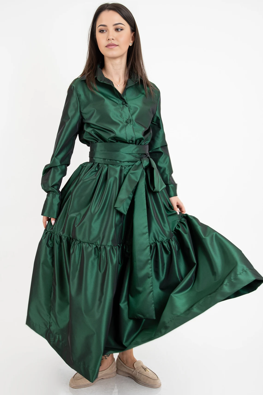 A-line Emerald Green Tiered Women Maxi Shirtdress Long Sleeved Tunic Dress Ruffled Dress Emerald Green Dress Long Sleeve Dress Drape Dress