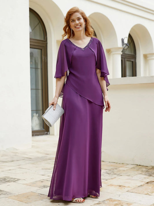 A-line Floor Length Adorned Beaded Elegance and Flutter Sleeves Grape Mother of the Bride Dress