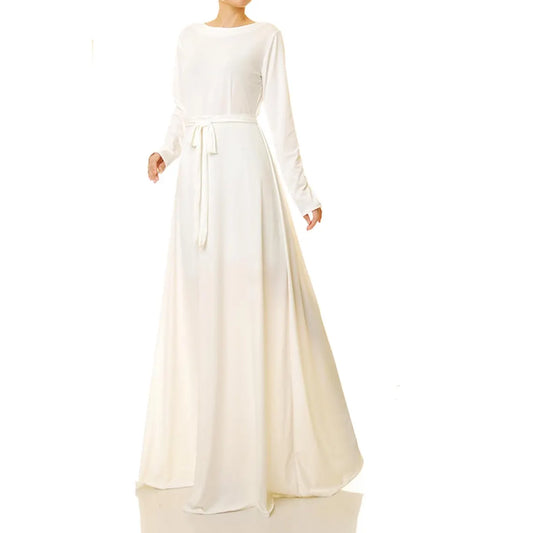 A-line Floor Length Off White Round Neck Long Sleeves Party Dress Prom Dress Fit Wedding Dress