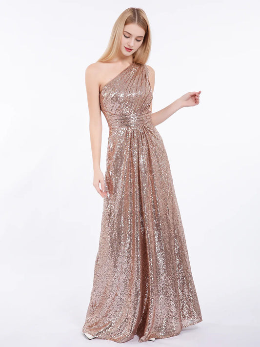 A-line Floor Length Sleeveless One Shoulder Sequins Party Gown Rose Gold