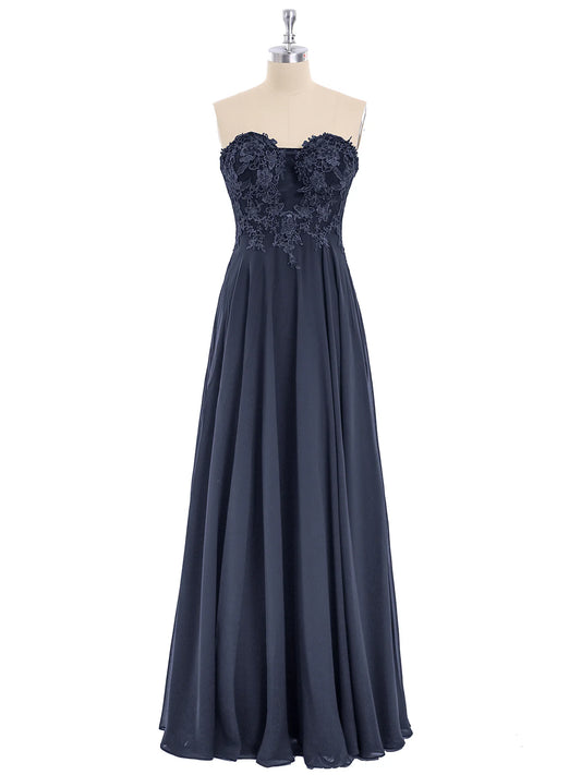 A-line Floor Length Sleeveless Strapless Chiffon with Appliqued Party Gown