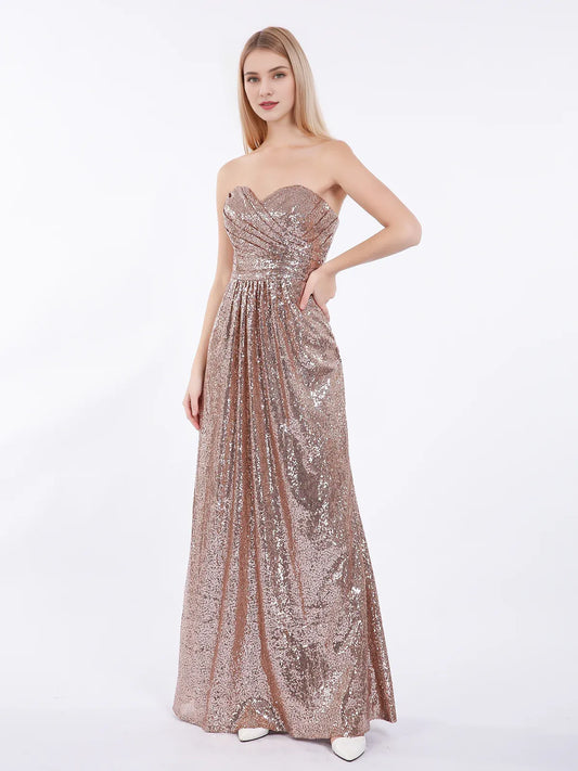 A-line Floor Length Sleeveless Strapless Sequins Party Gown Rose Gold