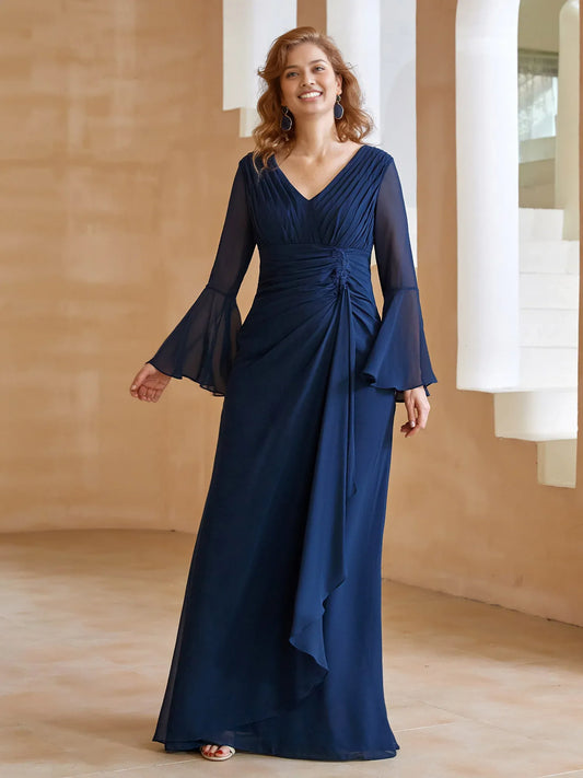 A-line Long Sleeves V Neck Pleated Floor-Length Mother of the Bride Dress