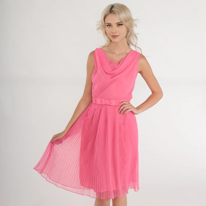 A-line Pink Party Dress Chiffon Mini Dress Sleeveless Cowl Neck High Waisted Bow Belt Pleated Evening Cocktail Prom Formal Vintage