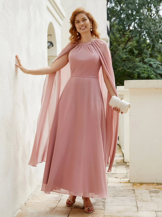 A-line Round-Neck Chiffon Dress With Long Cape Ruffle Mother of the Bride Dress