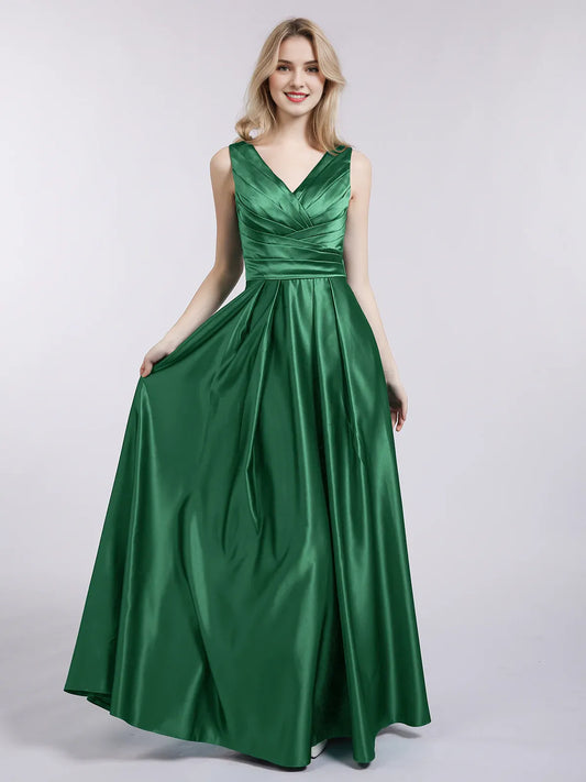 A-line Ruffle Sleeveless Open Back Long Satin Party Gown with V-neck Dark Green