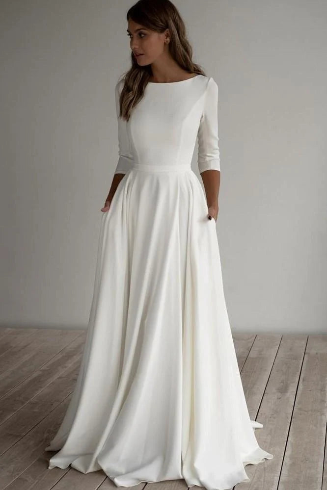 A-line Simple Floor Length 34 Sleeves Satin Wedding Dresses with Pockets