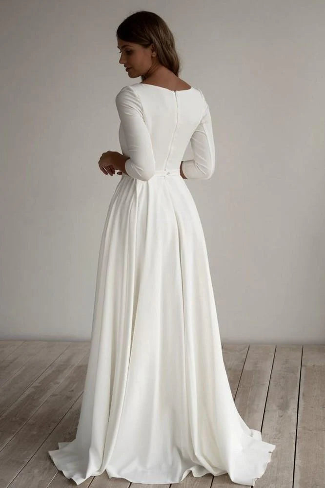 A-line Simple Floor Length 34 Sleeves Satin Wedding Dresses with Pockets