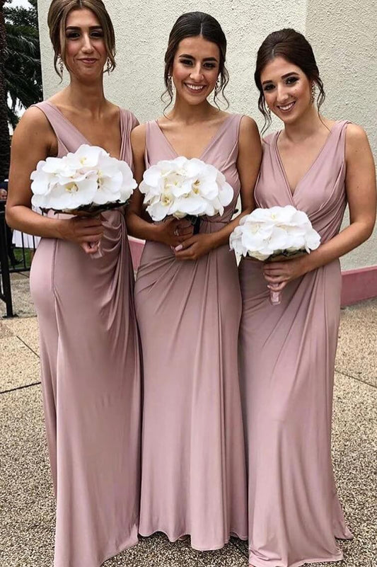 A-line Sleeveless Backless Floor Length Chiffon Deep V Neck Bridesmaid Dresses