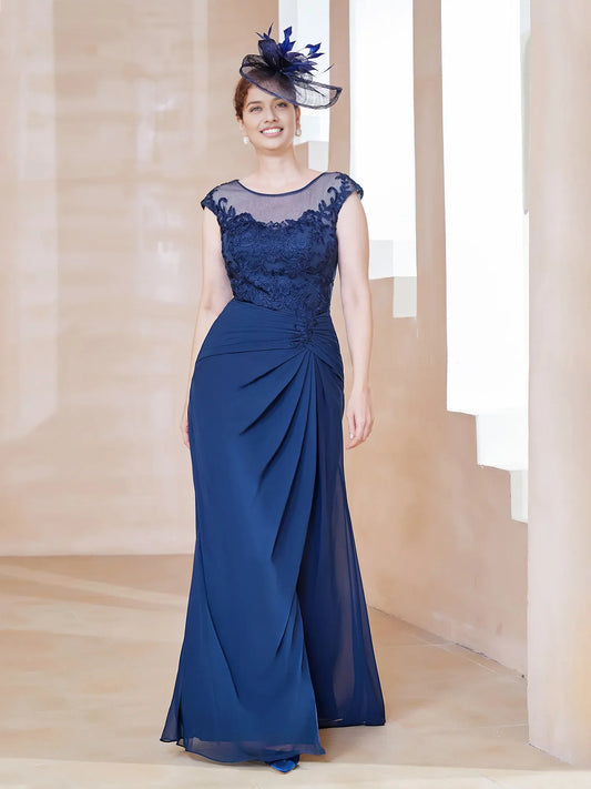 A-line Sleeveless Neck Appliqued Floor-Length Mother of the Bride Dress With Slit