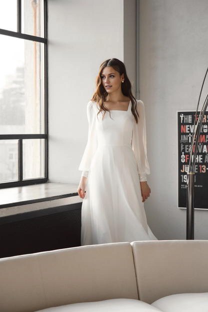 A-line Square neck wedding dress with Long Sleeves Floor Length Elegant Bride Dress