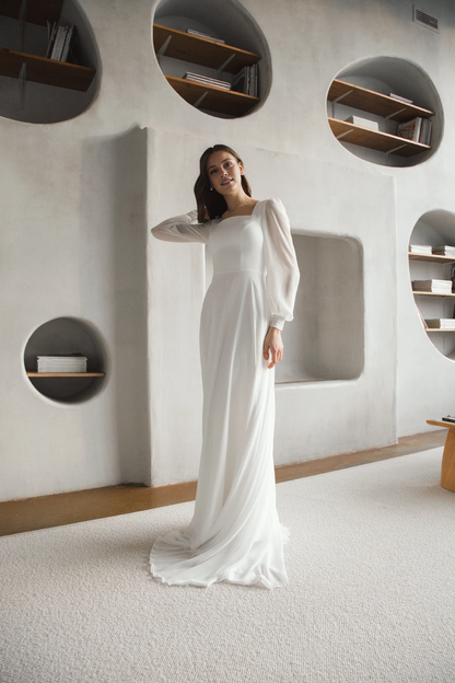 A-line Square neck wedding dress with Long Sleeves Floor Length Elegant Bride Dress