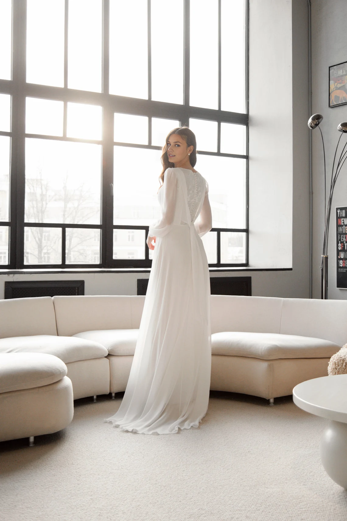 A-line Square neck wedding dress with Long Sleeves Floor Length Elegant Bride Dress