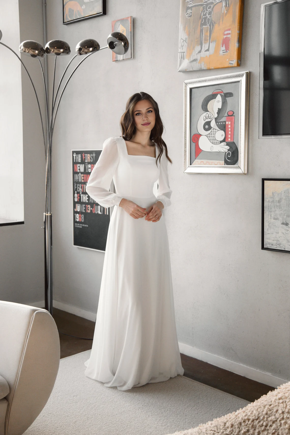 A-line Square neck wedding dress with Long Sleeves Floor Length Elegant Bride Dress