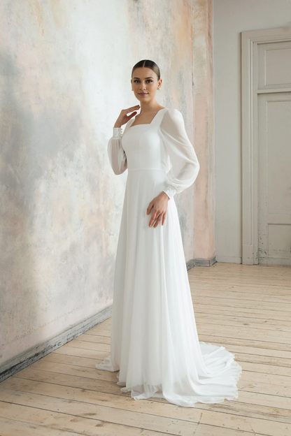 A-line Square neck wedding dress with Long Sleeves Floor Length Elegant Bride Dress