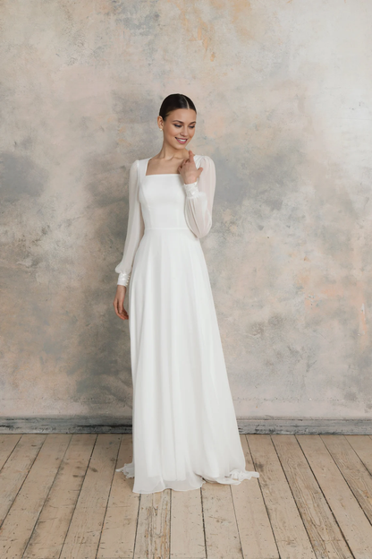 A-line Square neck wedding dress with Long Sleeves Floor Length Elegant Bride Dress