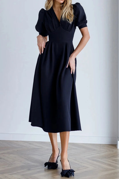 A-line Tea-Length Black V-Neck Short Puff-Sleeve Party Dress Prom Dress