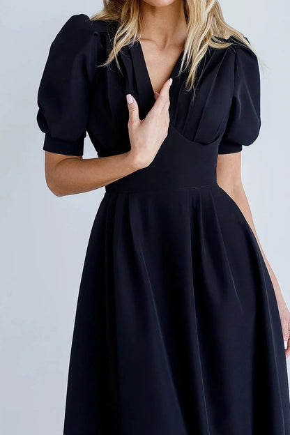 A-line Tea-Length Black V-Neck Short Puff-Sleeve Party Dress Prom Dress