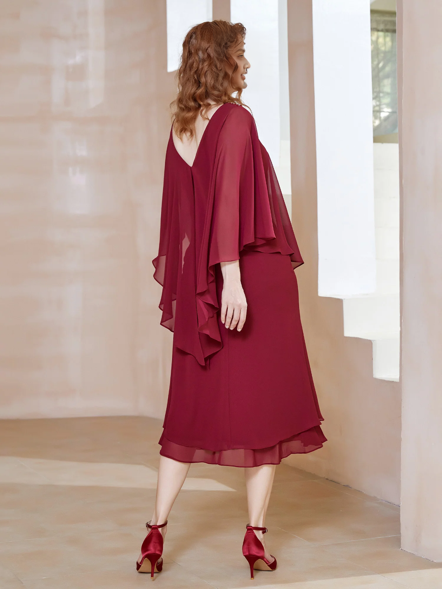 A-line Tea-Length Chiffon V-Neck Flutter Sleeves Mother of the Bride Dress