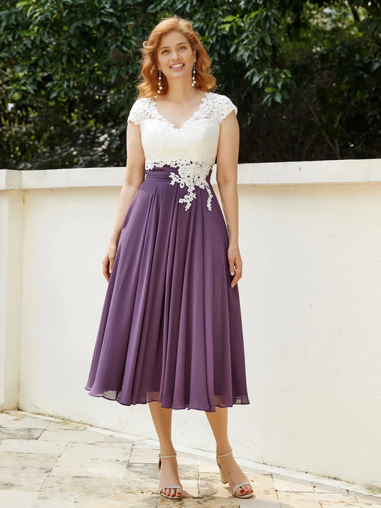 A-line V Neck Tea-Length Chiffon Appliqued Bodice Grape Mother of the Bride Dress