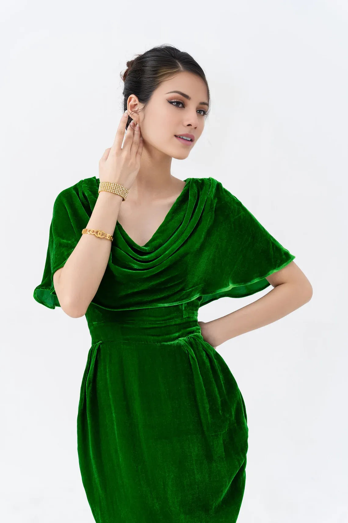 A-line Velvet Dress Cowl Neck Long Dress Cape Dress for Women Ankle Length