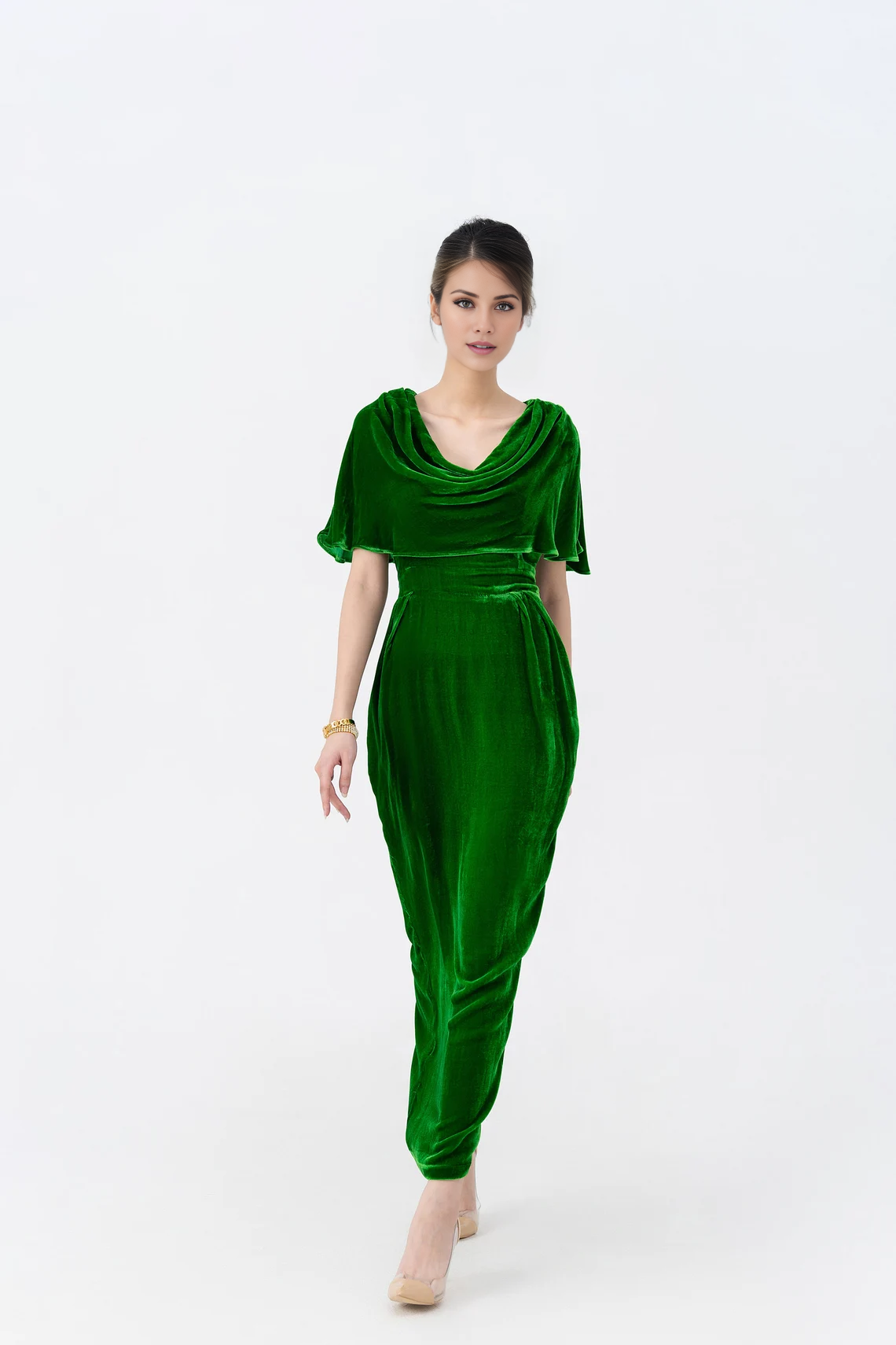 A-line Velvet Dress Cowl Neck Long Dress Cape Dress for Women Ankle Length