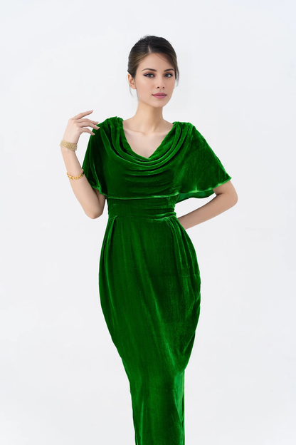 A-line Velvet Dress Cowl Neck Long Dress Cape Dress for Women Ankle Length