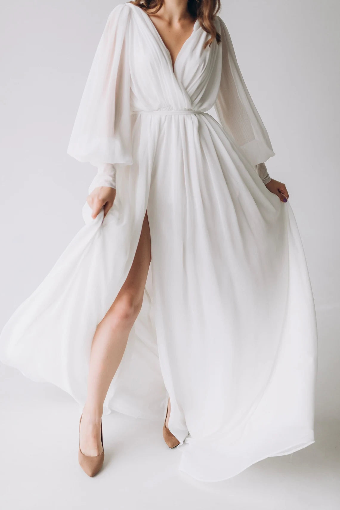 A-line Bridal Simple Wedding Chiffon Dress Long Sleeve Deep V Neck Floor Length Prom Party Dress