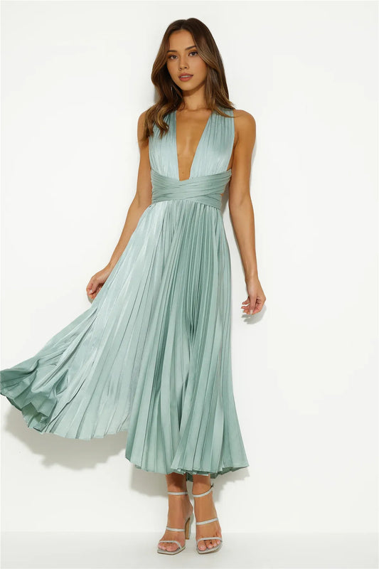 A-line Deep V Neck Simple Sleeveless Ankle Length Prom Party Dress