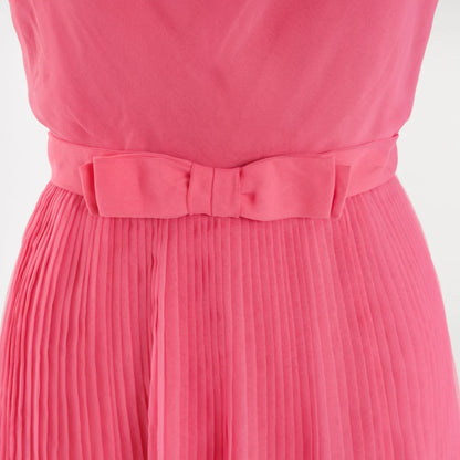 A-line Pink Party Dress Chiffon Mini Dress Sleeveless Cowl Neck High Waisted Bow Belt Pleated Evening Cocktail Prom Formal Vintage