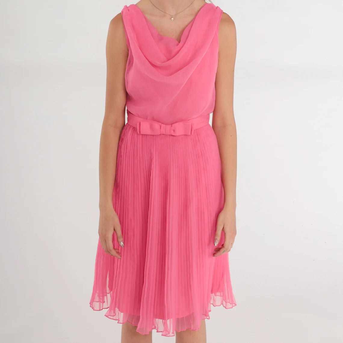 A-line Pink Party Dress Chiffon Mini Dress Sleeveless Cowl Neck High Waisted Bow Belt Pleated Evening Cocktail Prom Formal Vintage