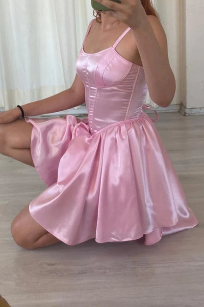 A-line Pink Satin Short Homecoming Dress V Cut Chic Dress Pink Short Dress Pink Short Corset Dress Party Graduation Dres Prom Corset Dress