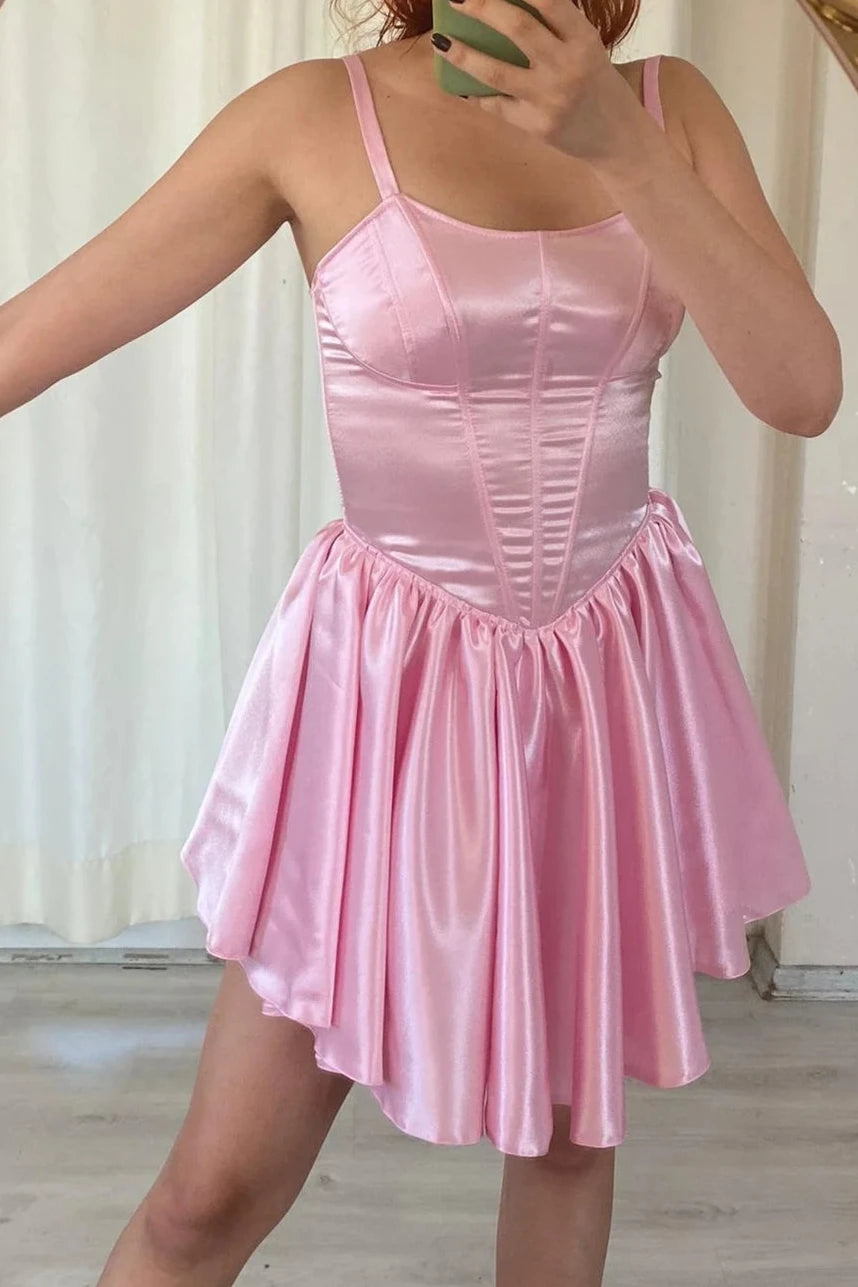 A-line Pink Satin Short Homecoming Dress V Cut Chic Dress Pink Short Dress Pink Short Corset Dress Party Graduation Dres Prom Corset Dress