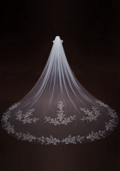 One-tier Cathedral Bridal Veils With Applique