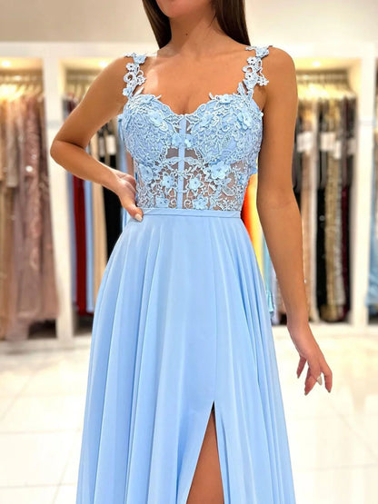 Blue A-Line Chiffon Lace Long Prom Party Dresses With Slit Floor Length