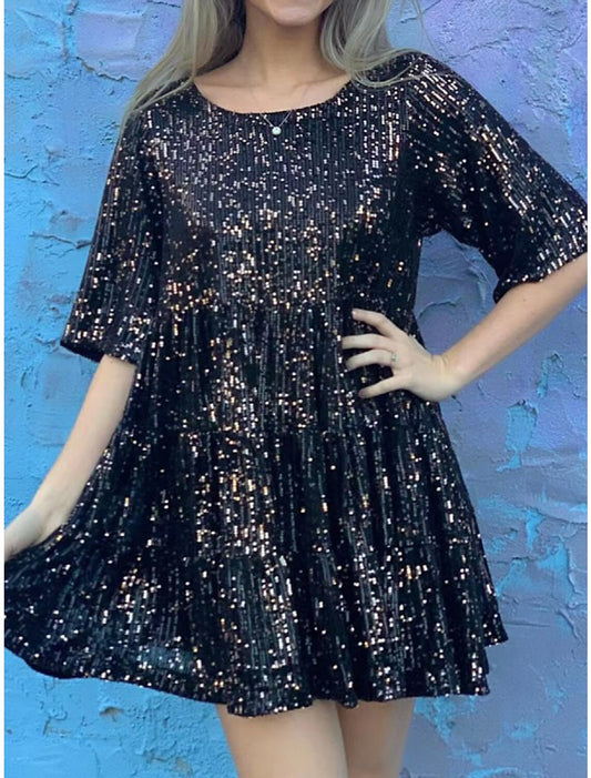 Women's Silver Sequin Dress Party Dress Sparkly Dress Homecoming Dress Mini Dress Black Purple Half Sleeve Summer Spring Fall Crew Neck Summer Dress